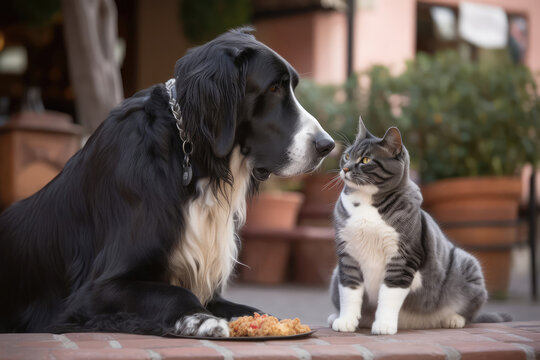 Great Dane Dog And Longhaired Black And White Cat Sharing Treat. Generative AI