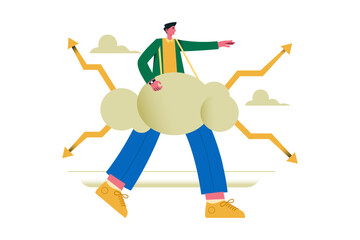 Fototapeta premium Businessman Walking with Clouds Full of Directions