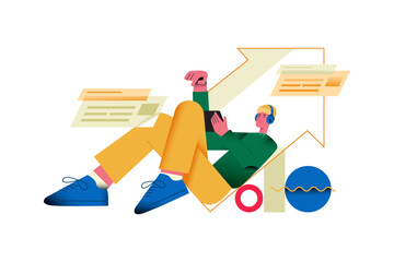 People Sitting On Rising Graph With Tablet To Increase Business