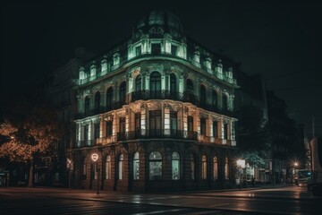Fototapeta na wymiar Illuminated building at night. Generative AI