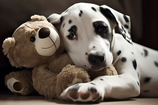 Adorable puppy dog snuggles and cuddle with teddy bear, Generative AI
