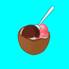 Refreshing summer concept, coconut with a scoop of chocolate and strawberry ice cream on a blue background	