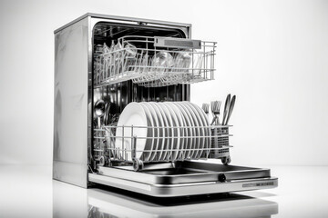 Dishwasher With Clean Dishes On White Background. Generative AI