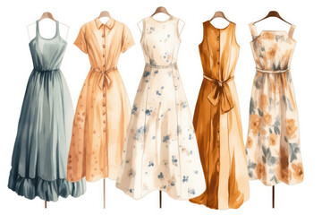 Obraz premium Beautiful Watercolor Painted Dresses, Designer On White Background. Generative AI