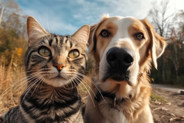 Dog And Cat Nose Into Camera, Wide Angle. Generative AI