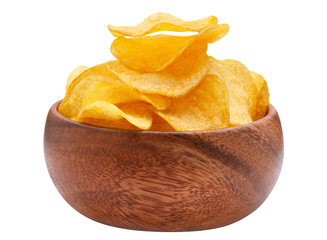 Delicious potato chips in a wooden bowl, cut out