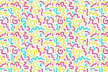 Fototapeta na wymiar 90s pattern squiggle scribble. Multi colored doodles, abstract background. Minimalist style. For textiles, fabrics, wallpaper, backdrop, paper. For children. Vector illustration