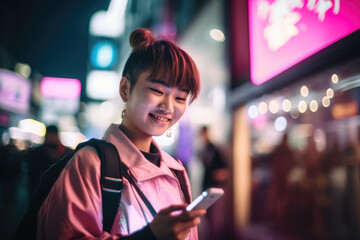 Asian  girl with cellphone in a city - Generative AI