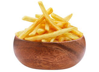 Delicious potato fries in wooden bowl, cut out