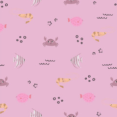 Vector seamless pattern with shrimp, crab, fugu fish, scalaria fish.Underwater cartoon creatures.Marine background.Cute ocean pattern for fabric, childrens clothing,textiles,wrapping paper