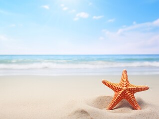 Fototapeta na wymiar Starfish on the beach with sea and blue sky background. Copy space.