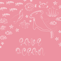 Vector ocean illustration with penguin, hammerhead fish,corals .Save Ocean - modern lettering.Underwater marine animals.Ecology design for banner,flyer,postcard, website design,t-shirt,poster