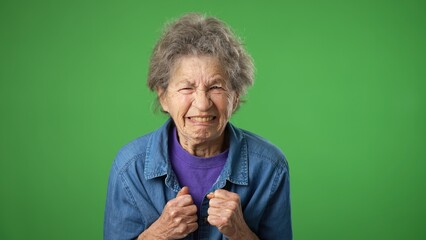 Portrait of sick tired headache migraine exhausted displeased elderly mature old woman posing isolated on green screen background studio. Put hands on head rub temples