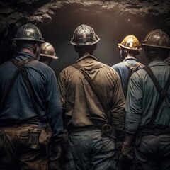 Group of miners with hard hats going to work in a mine. Generative AI