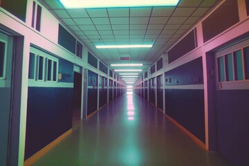 Fototapeta premium High school hallway lo-fi retro 80s and 90s background. Crazy lights Psychic Waves, nostalgia, vintage. Vaporwave, synthwave, chillwave. Wallpaper, template. Blurry pastel colors. Generative AI.