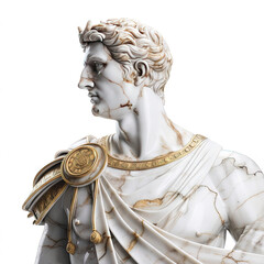 Obraz premium Une sculpture en marbre, statue d'une personne stoïcienne grecque ou romaine, représentant le stoïcisme. Avec des lignes dorées et noires, kintsugi, fond blanc