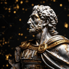 Fototapeta na wymiar Une sculpture en marbre, statue d'une personne stoïcienne grecque ou romaine, représentant le stoïcisme. Avec des lignes dorées et noires, kintsugi.