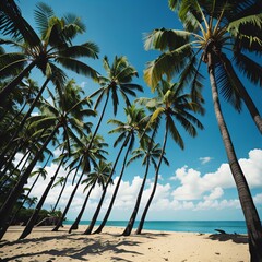 Blue sky and palm trees view from below, vintage style, tropical beach and summer background, travel concept. Generative Ai