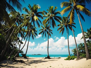 Blue sky and palm trees view from below, vintage style, tropical beach and summer background, travel concept. Generative Ai