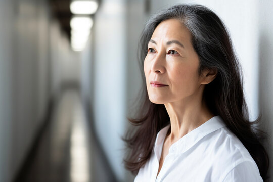 Middle age Japanese woman with long hair standing next to a wall. Portrait of a woman in her 40s, 50s thinking in a hallway. Generative AI