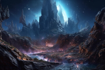 Fototapeta na wymiar BEAUTIFUL Galactica Fantasy Waterfall Landscape with planets, rock, water, colorful, and beautiful light. IA generated