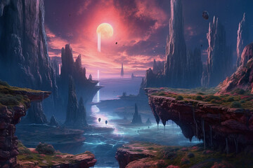 BEAUTIFUL Galactica Fantasy Waterfall Landscape with planets, rock, water, colorful, and beautiful light. IA generated