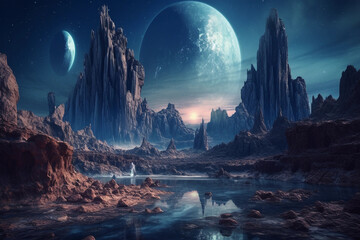 BEAUTIFUL Galactica Fantasy Waterfall Landscape with planets, rock, water, colorful, and beautiful light. IA generated