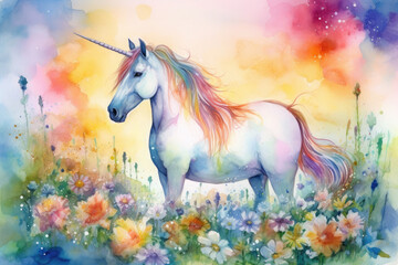 Naklejka na ściany i meble Create a magical watercolor painting of a majestic unicorn standing in a field of colorful spring flowers, with a rainbow in the background and a butterfly