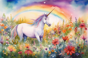Naklejka premium Create a vibrant watercolor painting of a unicorn prancing through a field of spring flowers, with a butterfly fluttering