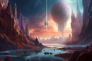 Fototapeta na wymiar BEAUTIFUL Galactica Fantasy Waterfall Landscape with planets, rock, water, colorful, and beautiful light. IA generated