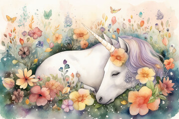 Illustrate a whimsical watercolor scene of a unicorn lying in a meadow of blooming flowers, with its head resting on a bed of soft petals and a butterfly