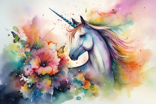 Paint a breathtaking watercolor image of a unicorn standing on a rainbow, surrounded by colorful flowers and fluttering butterflies
