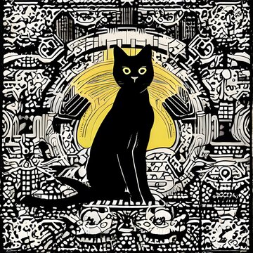 Black cat depicted in front of a ancient pattern background. Generative AI