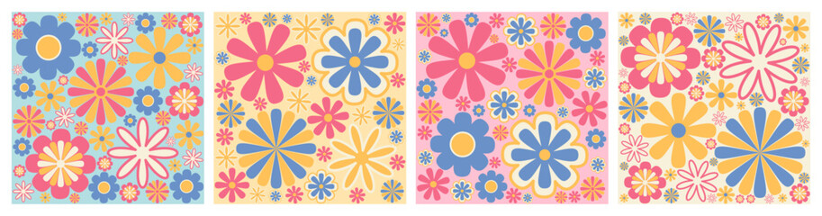 Fototapeta na wymiar Abstract retro aesthetic backgrounds set with groovy daisy flowers. Vintage floral mid century art prints. Hippie 60s, 70s, 80s style. Danish pastel wall art