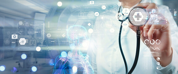 Doctor use robotic and innovative medical technology diagnose and examine patient brain with...