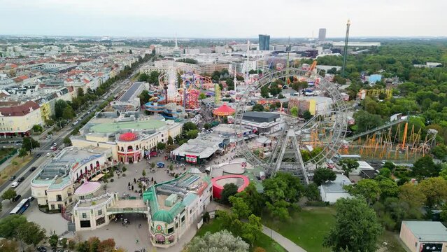 Aerial view of Prater amusement park and Vienna cityscape, Austria