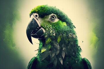 Contemporary abstract artwork double exposure of green parrot and forest landscape design, concept of animal and natural wilderness adventure. Superb Generative AI.