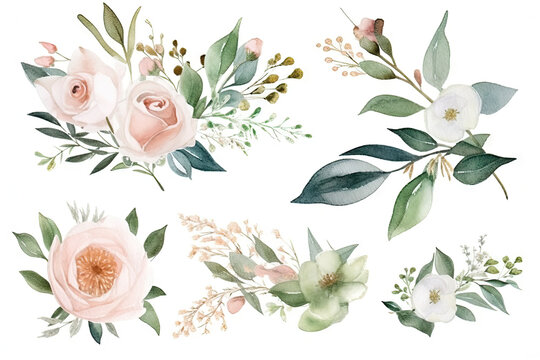 Ensemble d'&eacute;l&eacute;ments individuels d'illustration florale &agrave; l'aquarelle - feuilles vertes, fleurs blanches de p&ecirc;che rose bordeaux, branches. Invitations de mariage fonds d'&eacute;cran imprim&eacute;s de mode. Eucalyp