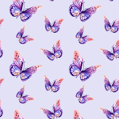 A pattern of morpho butterflies. Watercolor illustration on an isolated background. Multicolored wings, purple, pink, orange. Animals, wildlife.