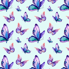 Fototapeta na wymiar A pattern of morpho butterflies. Watercolor illustration on an isolated background. Multicolored wings, purple, pink, orange. Animals, wildlife.