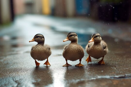 Three Young Ducks: Waddling Down the Road, Rainy Day Adventure, Endearing Wildlife Moment, Generative AI