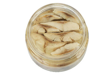 Sliced salted and pickled herring fish in jar isolated on white background. Salted fillet of herring.