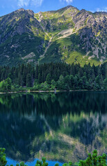 Beautiful summer landscape of High Tatras, Slovakia - Poprad lake, lush forest, reflecting on water surface, mountains and white clouds on the sky