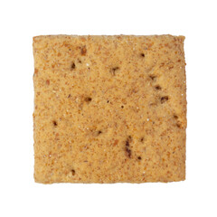 Square cookie cracker close-up. Carbohydrate snack. Isolated on white background.