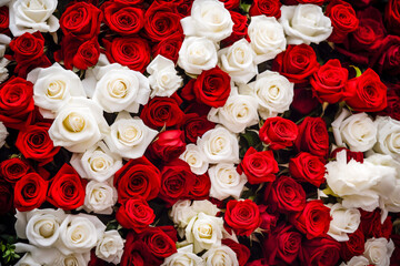 Flowers wall background with red and white roses Wedding decoration. Close- up. Generated AI