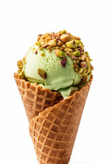 pistachio ice cream in a waffle crispy bar on a white background