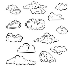 Set of clouds in hand drawn vintage retro style isolated on white background. Cartoon design elements. Vector illustration.