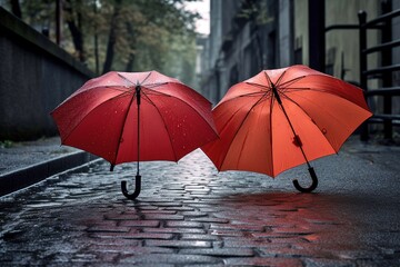 Pair of Open Umbrellas: Grounded on Rainy Day, Offering Shelter, Atmospheric Weather Scene, Generative AI