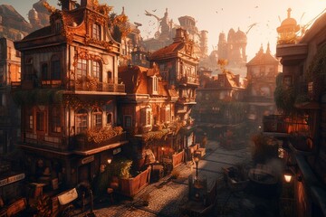 Fototapeta na wymiar A beautiful cityscape with warm lighting and fantasy elements by Moe. Generative AI
