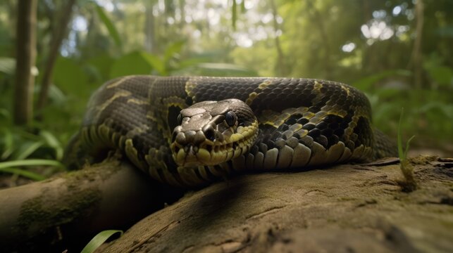 Anaconda snake in a cinematic tropical forest background with beautiful colors generative ai